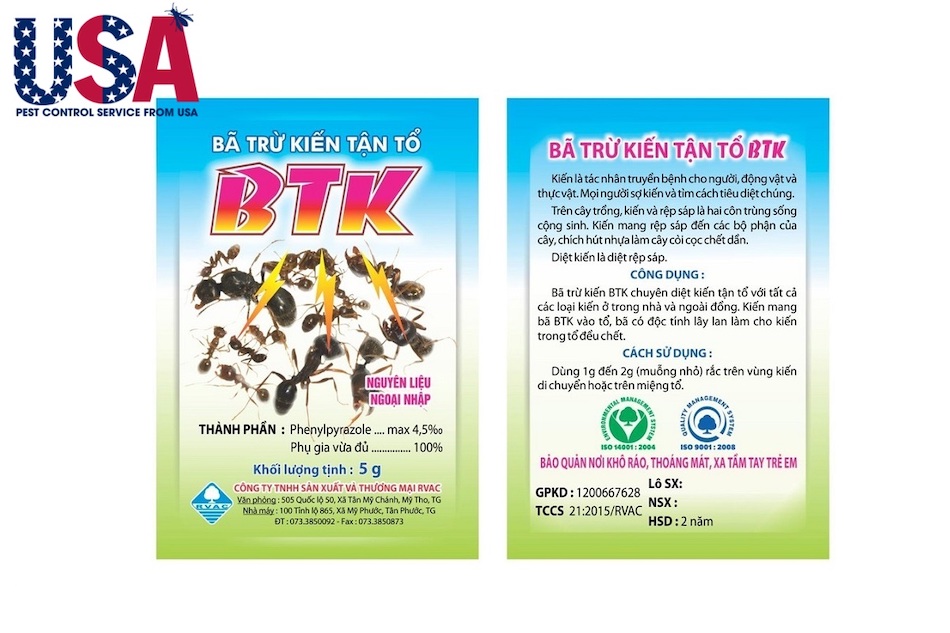 Bả diệt kiến BTK được sản xuất ở dạng bột bả hoạt động theo cơ chế lây độc tính
